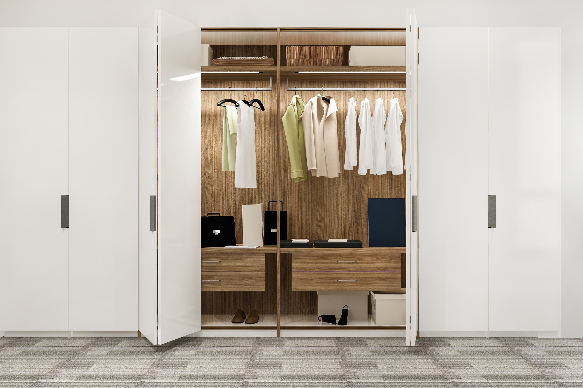 modern white scandinavian wood walk in closet with wardrobe